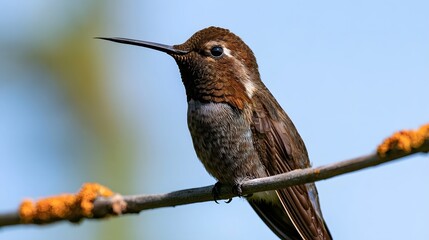 Fototapeta premium A small hummingbird perches on a branch with orange lichen against a clear blue sky showcasing its long beak and detailed feathers