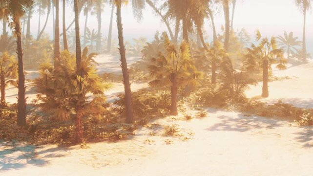 Sunlight filters through palm trees on a sandy beach. The scene shows a natural area with dense vegetation. The setting appears to be peaceful and warm during the morning hours.