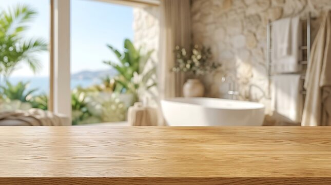 Empty wooden table product display mockup in luxury spa bathroom with bathtub and tropical ocean view background.