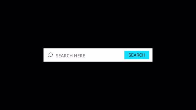 Animated search bar engine animation on Black Background, with alpha channel. search bar button animation Website SEO and Internet Optimization. 4K Resolution