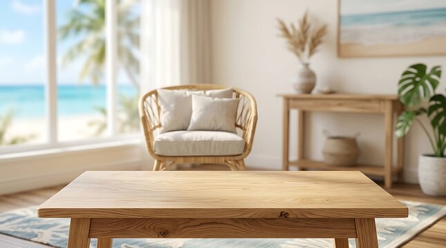 Empty wooden table top in bright beach resort interior with blurred ocean view window for product mockup and display