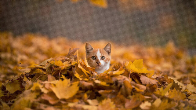 Small orange and white kitten peeking out from a large pile of dry golden autumn tree leaves