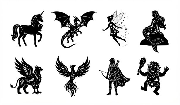 Fantasy Creature Black Silhouette Collection with Whimsical Details