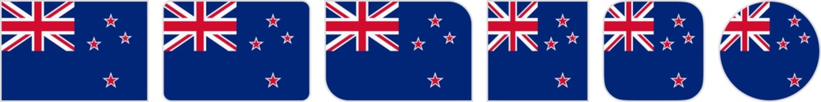 New Zealand flags clipart icon set in circle square rectangle rounded squircle and round diagonal corner shapes with border on transparent background