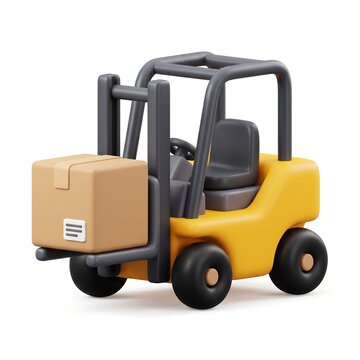 3D Yellow forklift truck carrying cardboard box pallet isolated on white background with warehouse truck