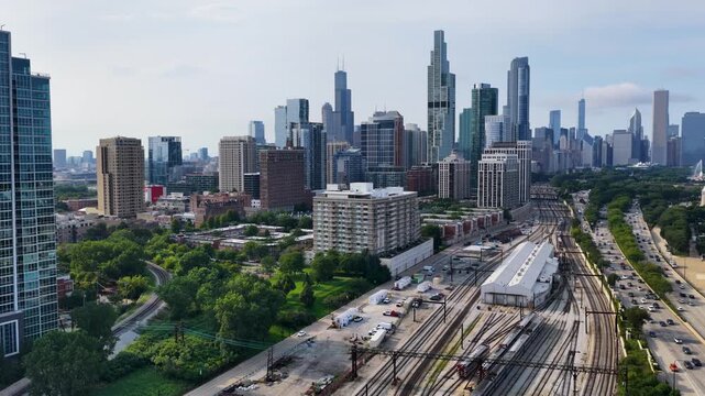 Aerial footage of Skyscrapers and office buildings in the skyline in Chicago Illinois USA