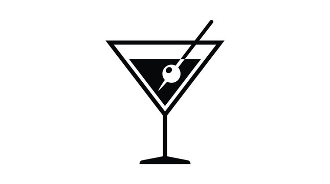 Minimalist martini glass vector illustration featuring a single black olive on a toothpick for drink design