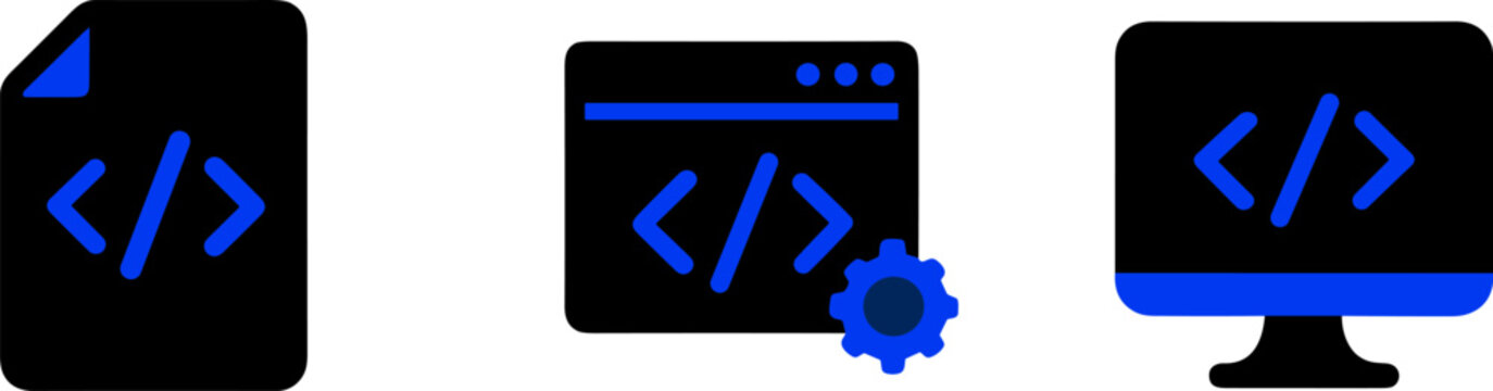 Blue and Black Coding Icon Set with Code File Browser and Monitor Symbols
