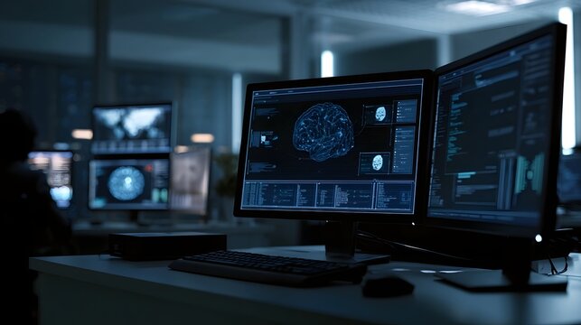 A dimly lit workspace with multiple monitors displaying brain scans and data interfaces  suggesting advanced neurotechnology or research