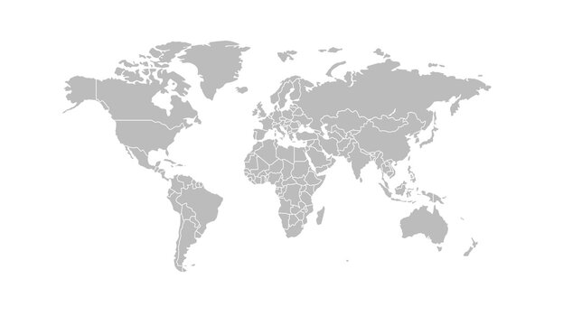Gray World Map with Country Borders on White Background