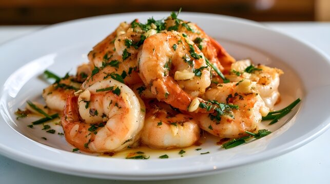 A plate of succulent garlic shrimp garnished with fresh herbs and served on a white dish with elegant presentation