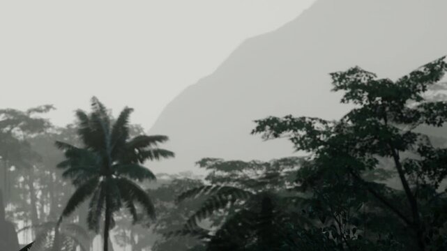 A tropical forest shows tall trees and palms under a grey sky. Mountains rise in the background, shrouded in mist. The area looks damp and mysterious, suggesting a humid environment.