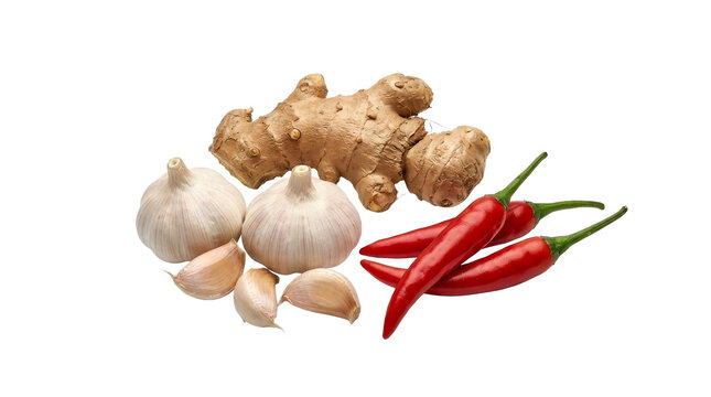 Fresh garlic, ginger root, and red chili peppers arranged together on a white background