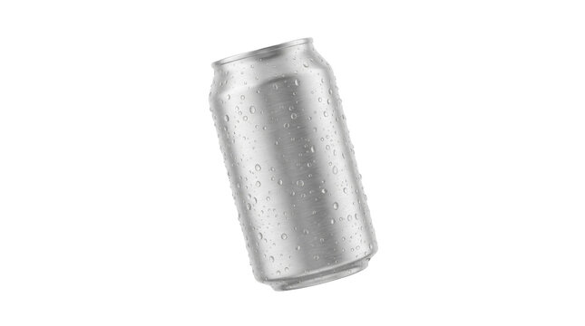 Refreshing cold aluminum beverage can covered in water droplets