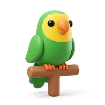 3D Cute green and yellow parrot perched on a brown wooden stand isolated on white background with yellow face