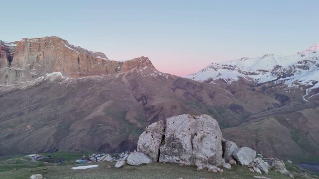 Aerial Panoramic View of Kurush Village and Mount Shalbuzdag, Dagestan, Russia