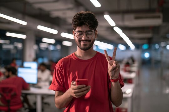 Young man with glasses wearing a red t-shirt making a peace sign while holding a smartphone indoors