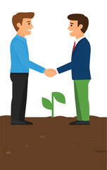Obraz premium Business partners shaking hands over a growing green sprout in the soil to represent environmental investment.