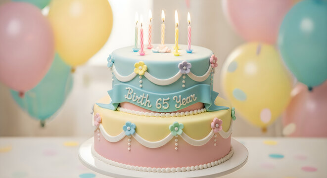Two tier cake for 65th birthday party with balloons