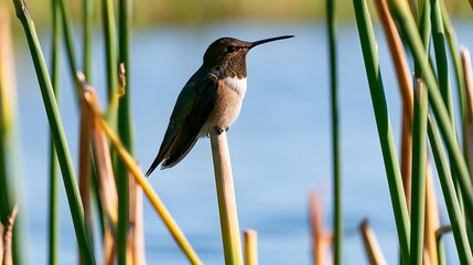 Fototapeta premium A small hummingbird perches on a reed stem with a calm water background and green stalks in soft focus