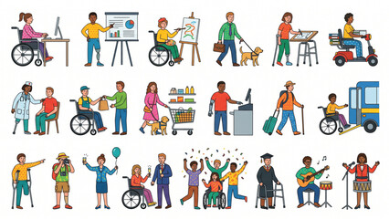 Fototapeta premium Inclusive Disability Lifestyle Collection with Professionals Working, Shopping, Traveling and Celebrating