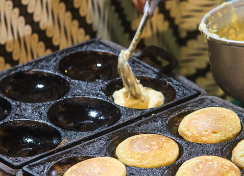 Pouring Batter into Mold Hot Pan Cook Cooking Traditional Indonesian Rice Flour Pancake Apem Market Street Food