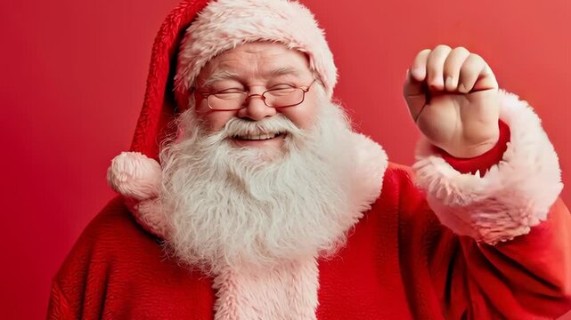 Santa waves cheerfully against a solid red background. His eyes sparkle with warm, joyful energy. He wears a festive red robe and fluffy white beard. Glasses sit gently on his nose