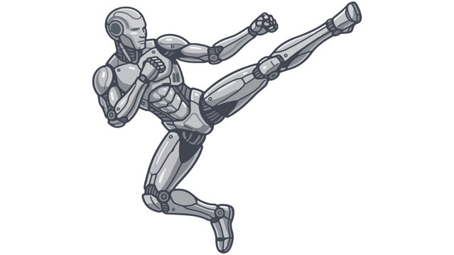 Robot warrior in mid-air jumping kick pose, 3D style vector isolated on transparent background abstract vector illustration 