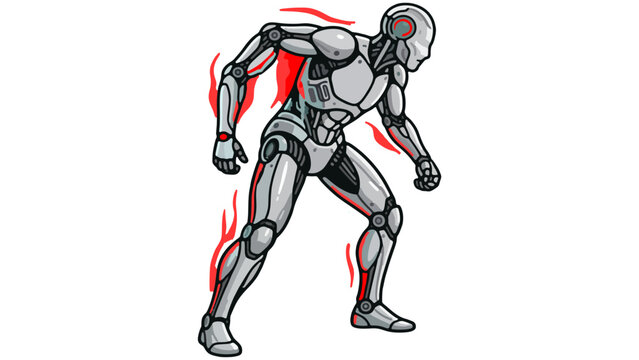 Mecha robot with red energy flame aura sci fire superhero isolated on transparent background abstract vector illustration  