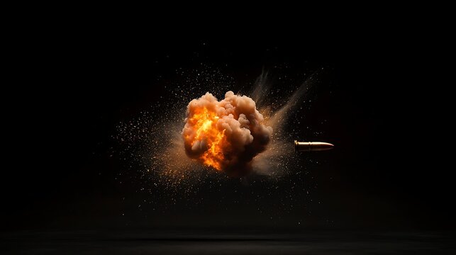 Bullet impact explosion with fire and dust on black background.