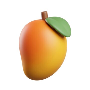 Ripe yellow mango fruit with green leaf and brown stem 3D icon fresh fruit tropical nutrition ingredient