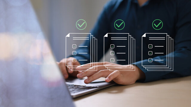 The document approval process, integrated with automated workflow management systems, facilitates legal compliance and digital business operations. Business professionals are reviewing documents.