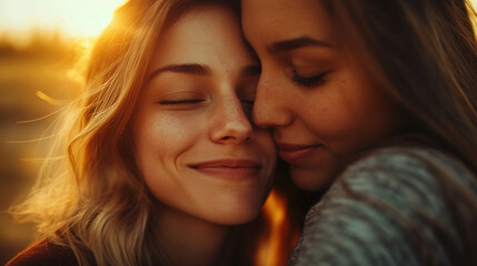 Fototapeta premium Close-up of two friends embracing after an emotional reunion, genuine expressions, imperfect natural moment, friendship, support and human connection, warm afternoon sunlight, real