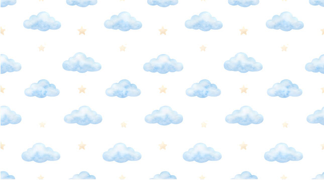 Seamless pattern with cute pixel art blue clouds and small yellow stars for kids wallpaper design