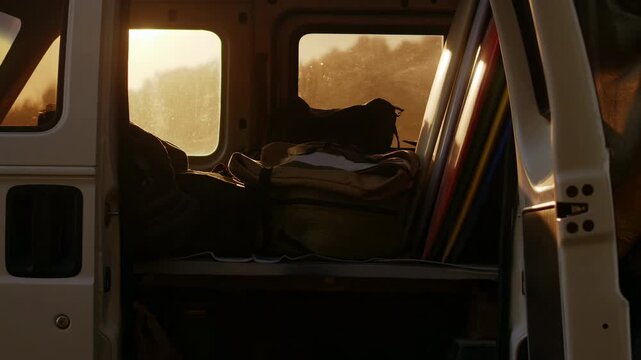Sliding side door opens to reveal packed van interior with stacked travel bags, folded fabric, upright flat panels, and warm sunlight glowing through dusty vehicle windows