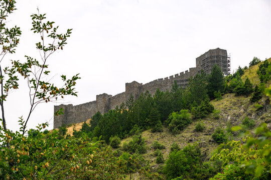 Ruins of medieval fortress Maglic on top of hill by the Ibar river in Serbia. On the wall of medieval fortress Maglic