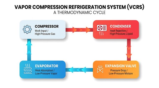 Vapor compression refrigeration system thermodynamic cycle infographic showing work input and heat flow.