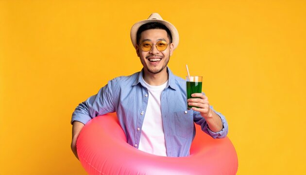 Happy man with drink and inflatable ring on yellow background