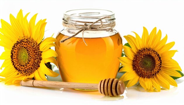 Natural honey in glass jar with sunflower and wooden dipper isolated on white