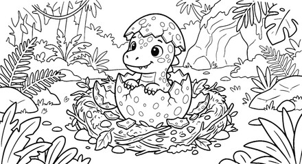 Fototapeta premium a line art of baby dinosaur hatching