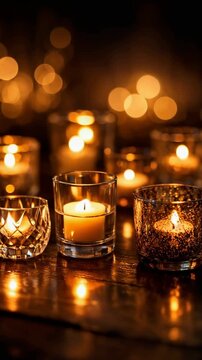 Votive candles in glass holders on a wooden table with warm bokeh lights and glowing reflections, creating a cozy romantic holiday ambiance