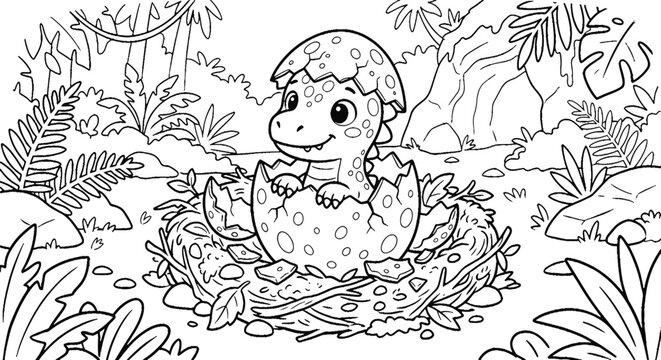 a line art of baby dinosaur hatching