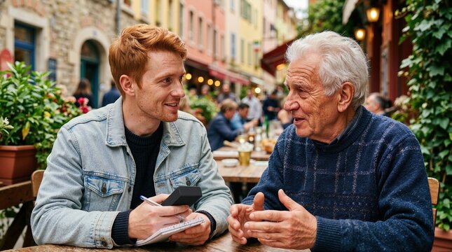 Young male journalist interviewing an elderly man at an outdoor cafe. Reporter recording a conversation with a senior citizen on a smartphone. Media and journalism concept