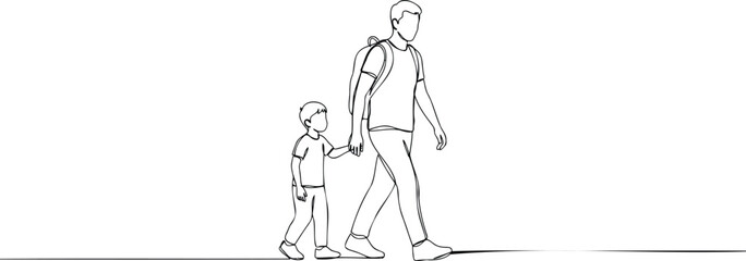 Fototapeta premium Father and son walking hand-in-hand, continuous line child hand in hand
