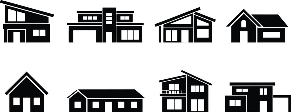 Collection of eight black house with varied architectural styles home building architecture silhouette