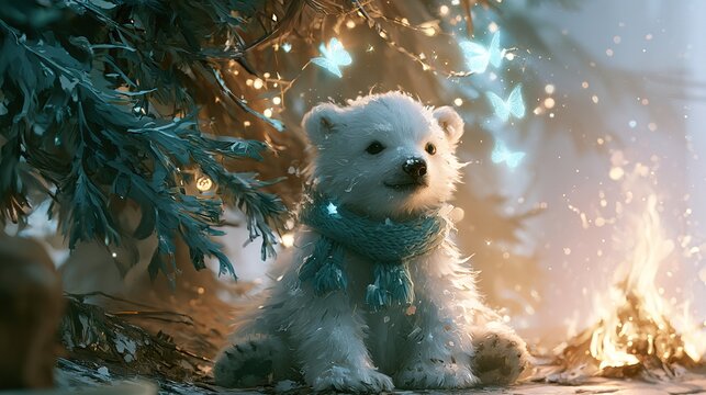 Soft high-key light surrounds polar bear cub in knitted scarf under tall tree, glowing butterflies flitting, firelight flickering
