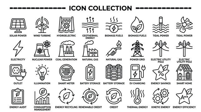 Renewable energy icons collection showing solar power wind turbine hydroelectric geothermal biomass fuels tidal power and electricity generation.