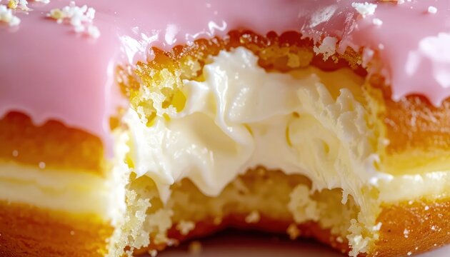 Pink frosted donut with bite and cream filling.