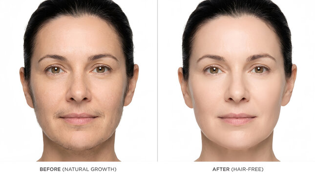 female facial hair removal before and after|permanent laser hair removal results|smooth skin after dermaplaning treatment|hirsutism treatment for women results|professional hair reduction therapy