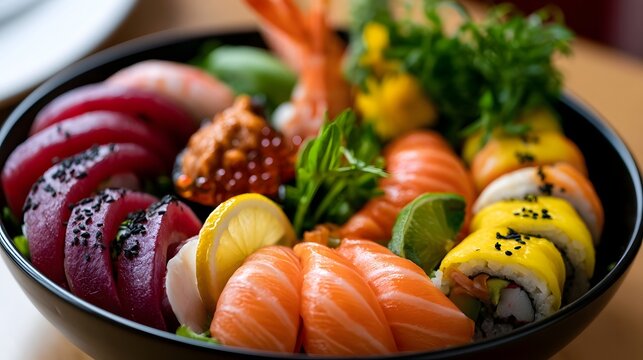 A vibrant bowl of assorted sushi featuring salmon  tuna  shrimp  and rolls garnished with herbs and citrus